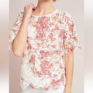 Anthropologie Porridge Arber Eyelet Bird Print Scalloped Top Size Small
